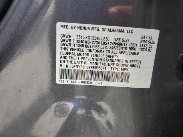 2019 HONDA PILOT EX 5FNYF5H39KB035671