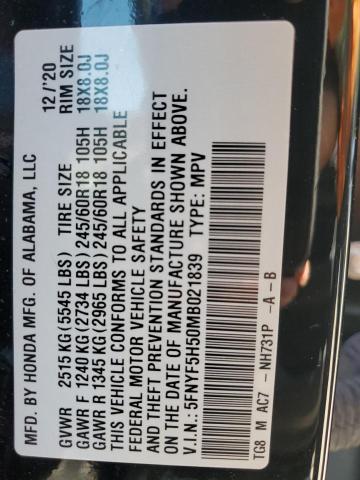 2021 HONDA PILOT EXL - 5FNYF5H50MB021839
