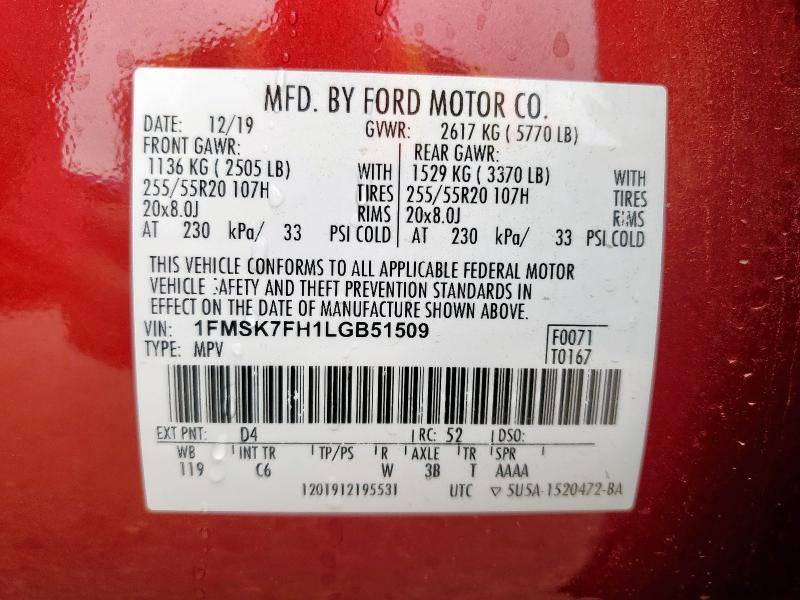 2020 FORD EXPLORER L - 1FMSK7FH1LGB51509