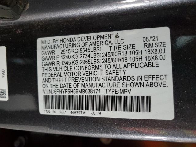 2021 HONDA PILOT EXL 5FNYF5H59MB038171