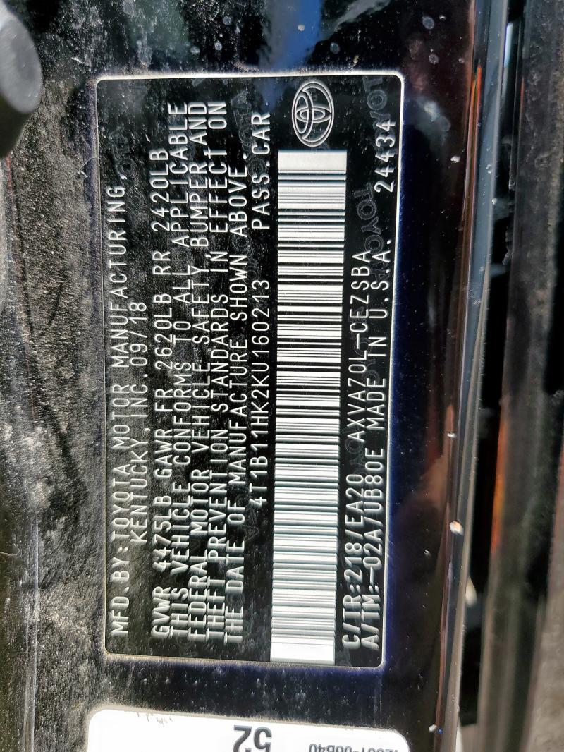 2019 TOYOTA CAMRY L 4T1B11HK2KU160213