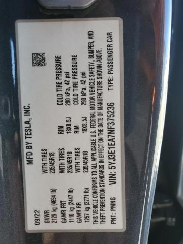 2022 TESLA MODEL 3 - 5YJ3E1EA7NF375236