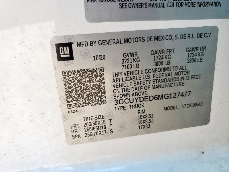 2021 CHEVROLET SILVERADO - 3GCUYDED6MG127477