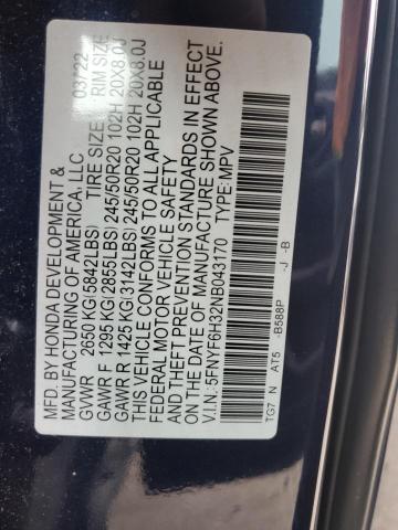 2022 HONDA PILOT SPOR 5FNYF6H32NB043170