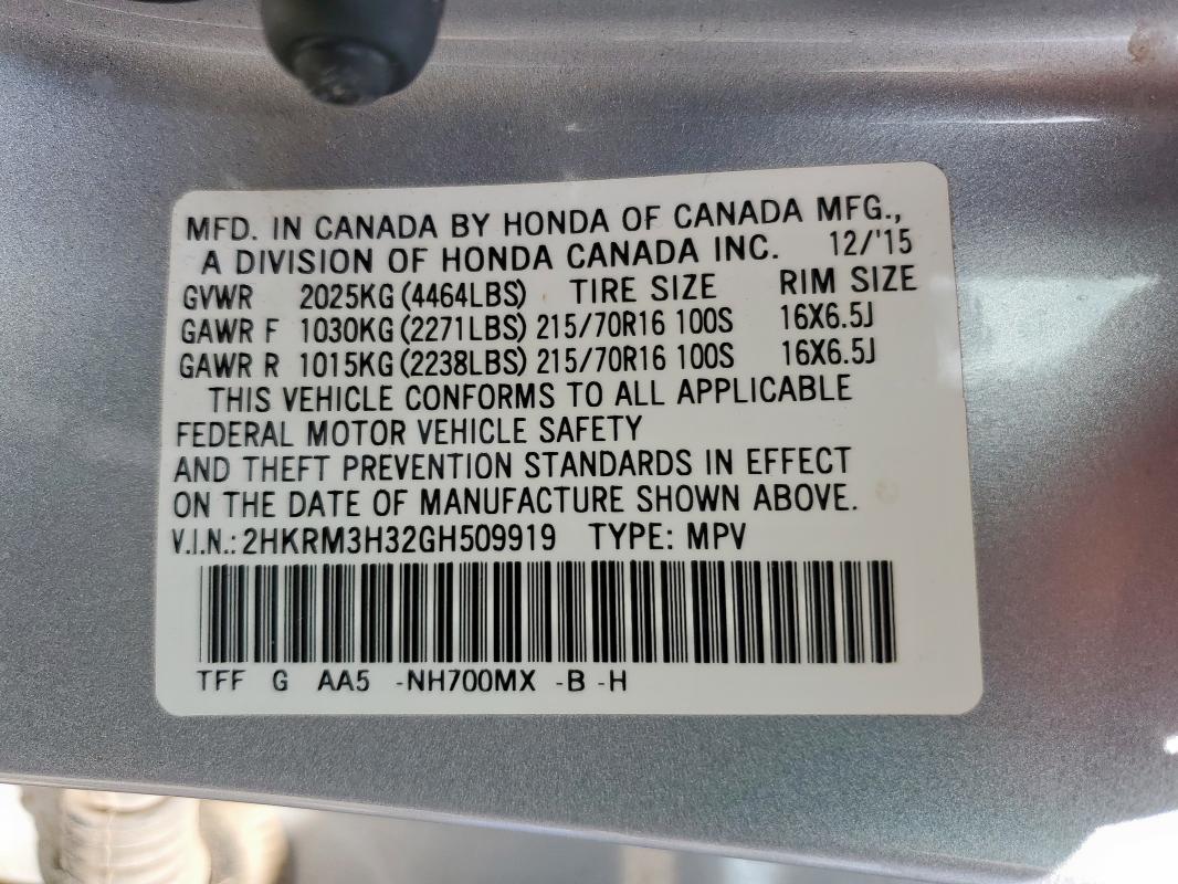 2016 HONDA CR-V LX 2HKRM3H32GH509919