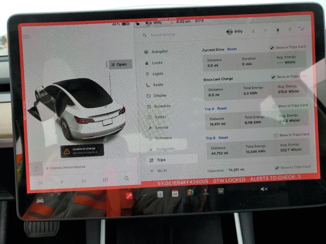 2019 TESLA MODEL 3 5YJ3E1EB4KF434005