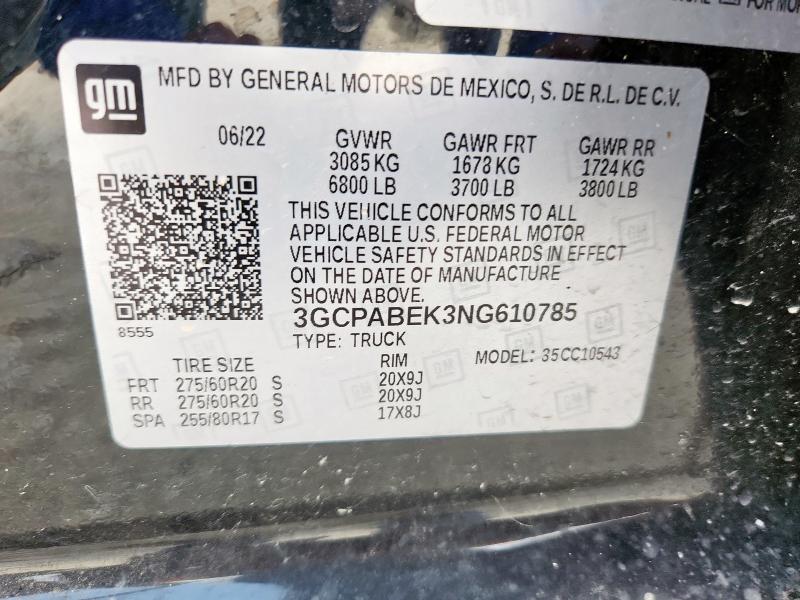 2022 CHEVROLET SILVERADO 3GCPABEK3NG610785