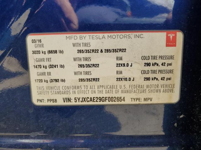 2016 TESLA MODEL X 5YJXCAE29GF002654
