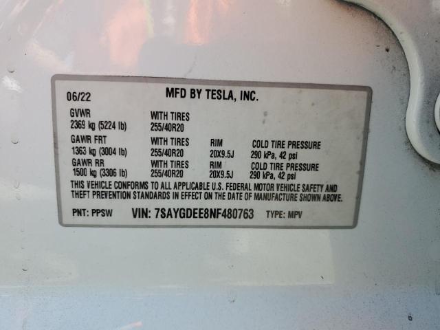2022 TESLA MODEL Y 7SAYGDEE8NF480763