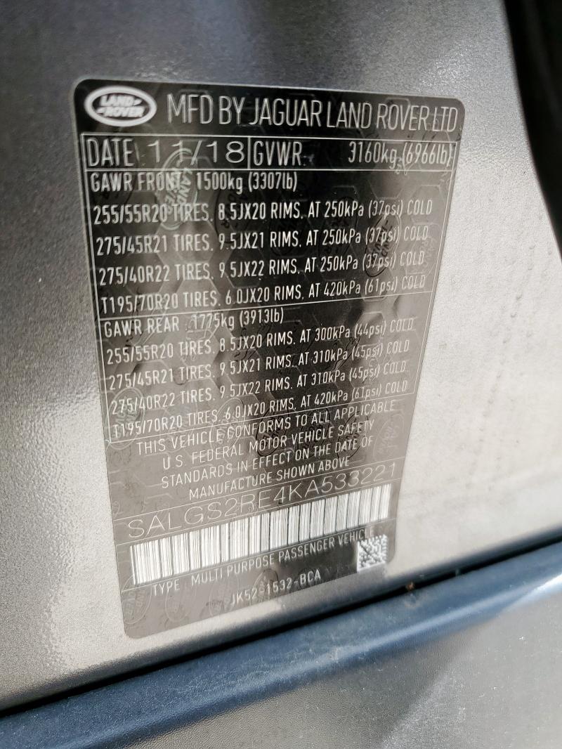 2019 LAND ROVER RANGE ROVE SALGS2RE4KA533221