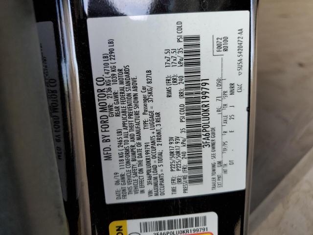2019 FORD FUSION SE - 3FA6P0LU0KR199791