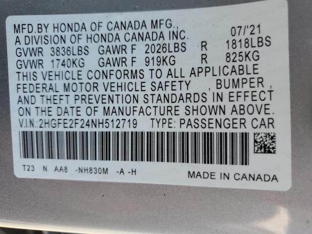 2022 HONDA CIVIC LX 2HGFE2F24NH512719