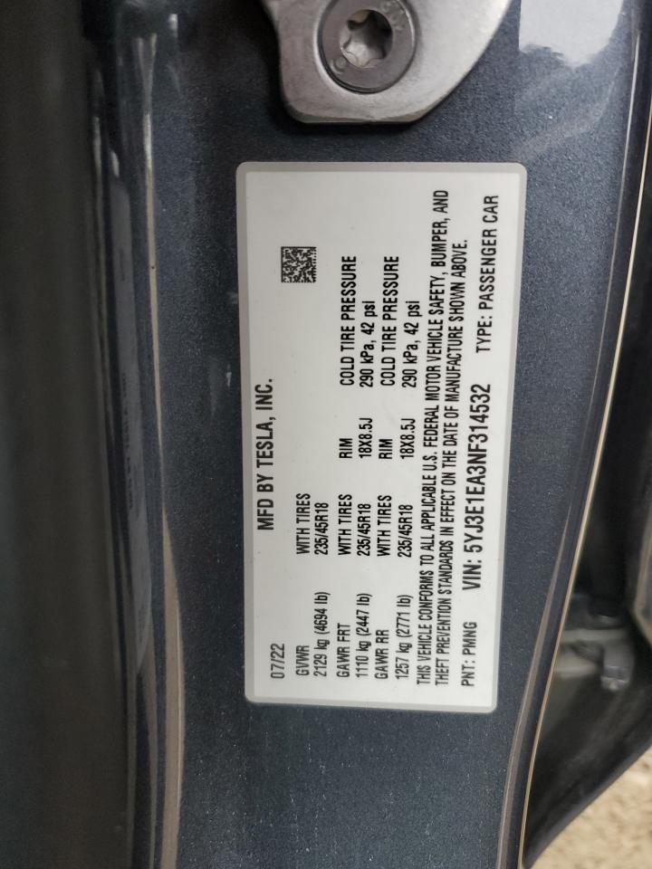 Lot #3316742401 2022 TESLA MODEL 3