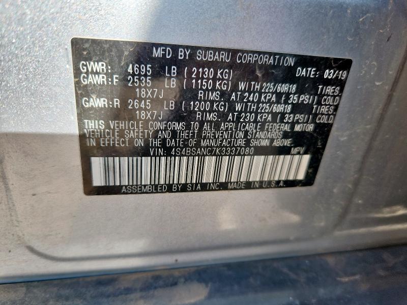 2019 SUBARU OUTBACK 2. 4S4BSANC7K3337080