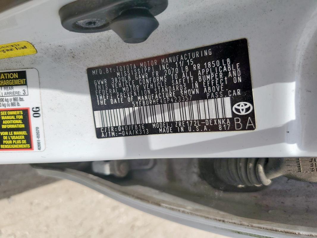 2016 TOYOTA COROLLA L - 5YFBURHE4GP423357