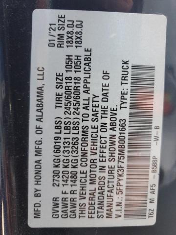 2021 HONDA RIDGELINE 5FPYK3F75MB001663