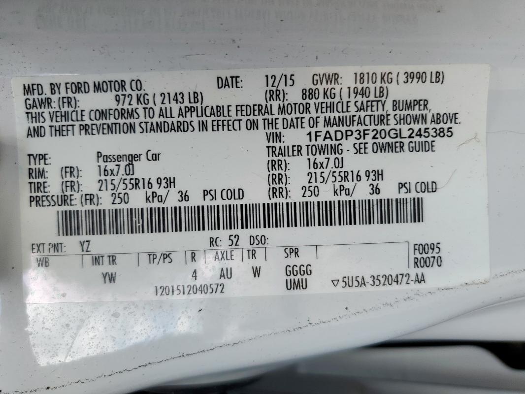 2016 FORD FOCUS SE 1FADP3F20GL245385