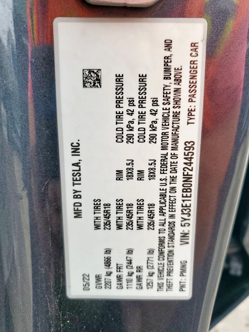 2022 TESLA MODEL 3 - 5YJ3E1EB0NF244593
