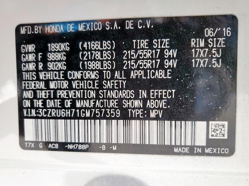 2016 HONDA HR-V EXL 3CZRU6H71GM757359