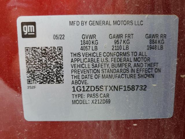 2022 CHEVROLET MALIBU LT 1G1ZD5STXNF158732