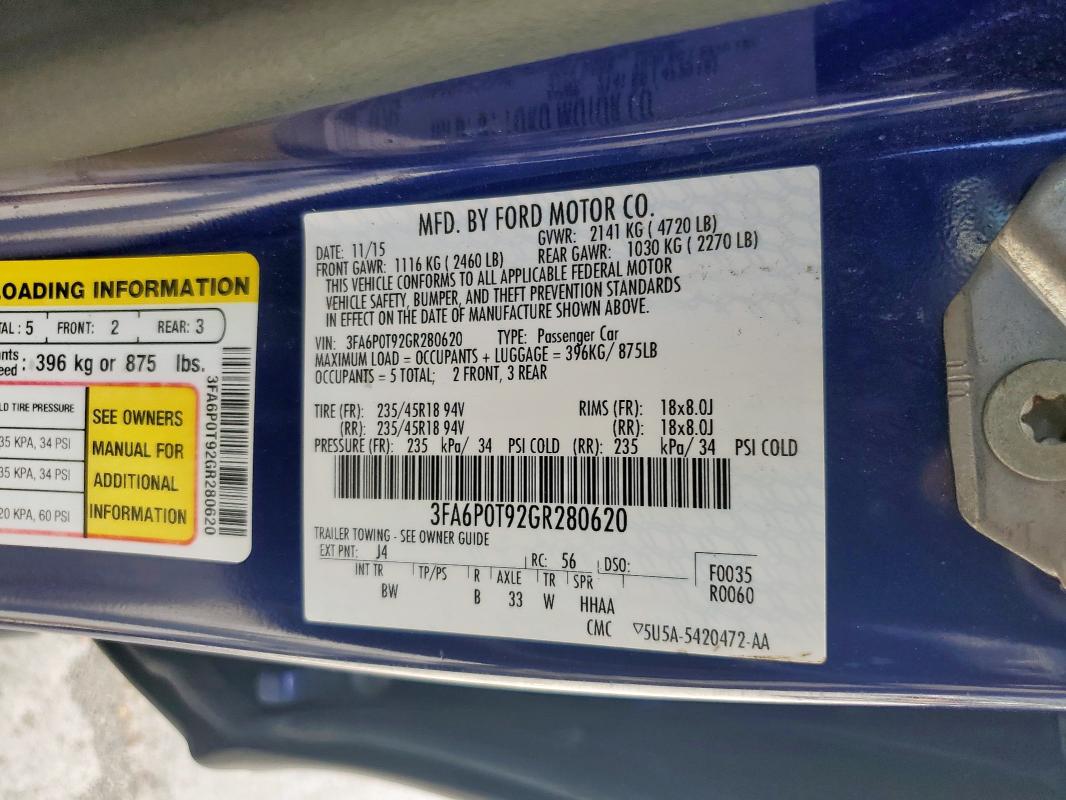2016 FORD FUSION SE - 3FA6P0T92GR280620