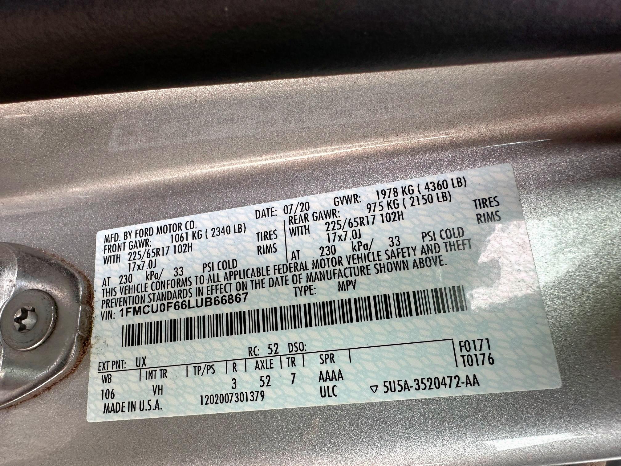 2020 FORD ESCAPE S 1FMCU0F66LUB66867