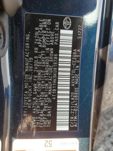 2019 TOYOTA CAMRY 4T1B11HK9KU818786