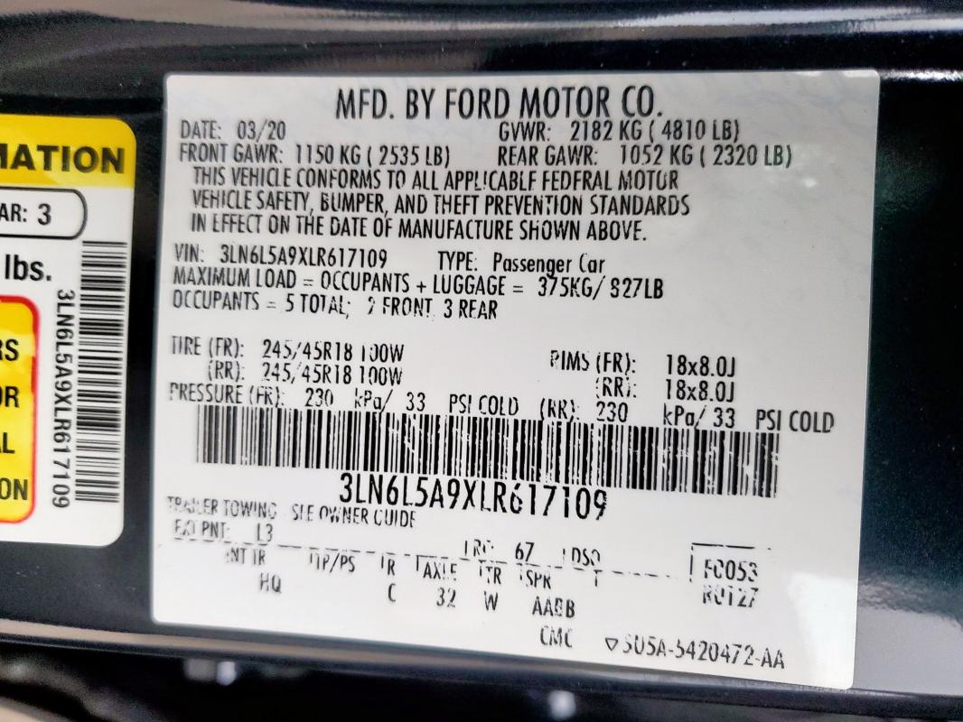 2020 LINCOLN MKZ 3LN6L5A9XLR617109