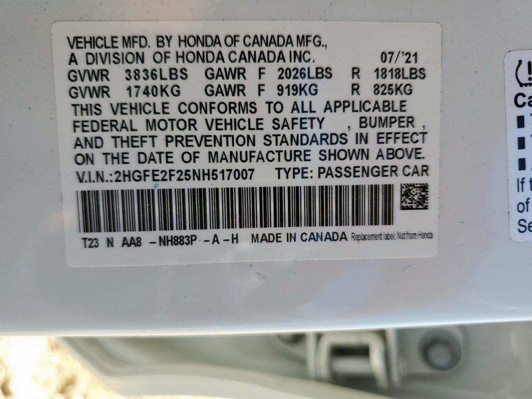 2022 HONDA CIVIC LX 2HGFE2F25NH517007