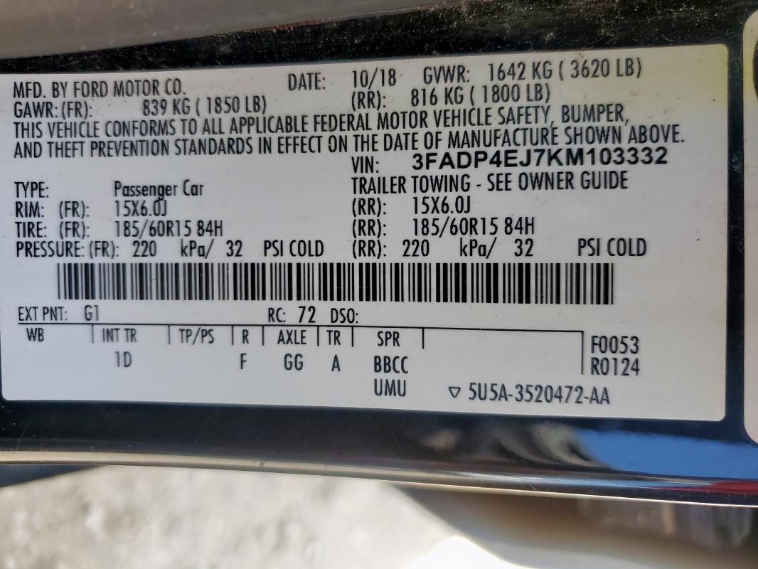 2019 FORD FIESTA SE 3FADP4EJ7KM103332