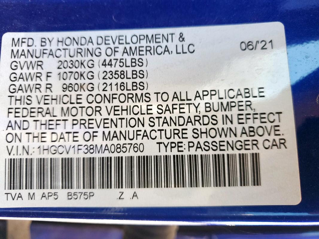 2021 HONDA ACCORD SPO - 1HGCV1F38MA085760