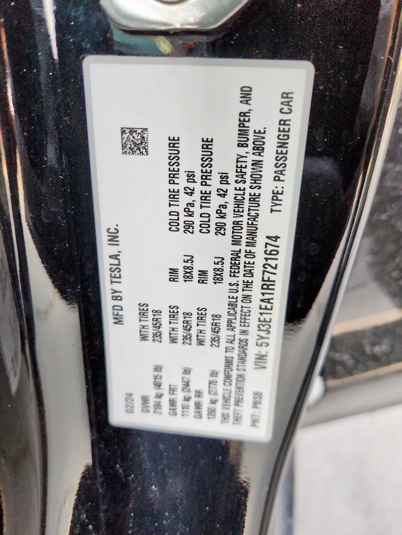 2024 TESLA MODEL 3 5YJ3E1EA1RF721674