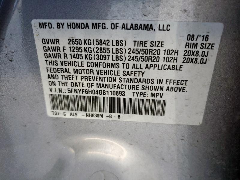 2016 HONDA PILOT ELIT 5FNYF6H04GB110893