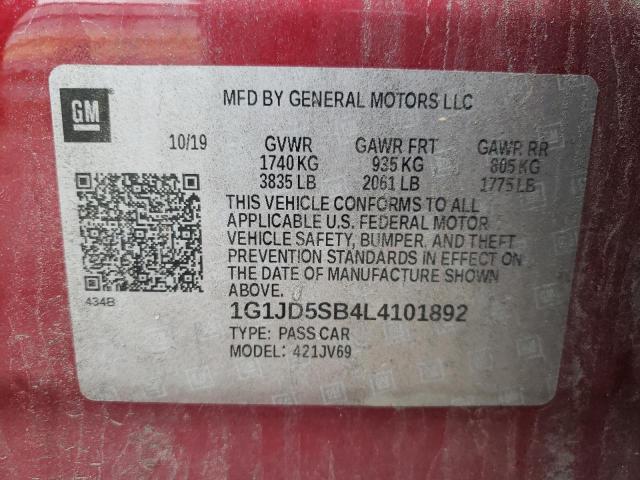 2020 CHEVROLET SONIC LT 1G1JD5SB4L4101892