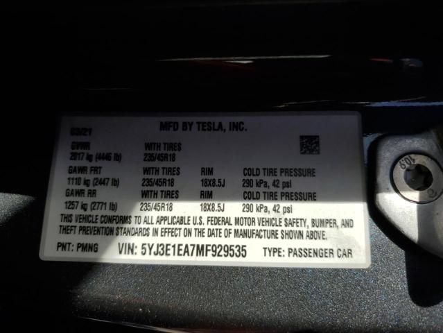 2021 TESLA MODEL 3 5YJ3E1EA7MF929535
