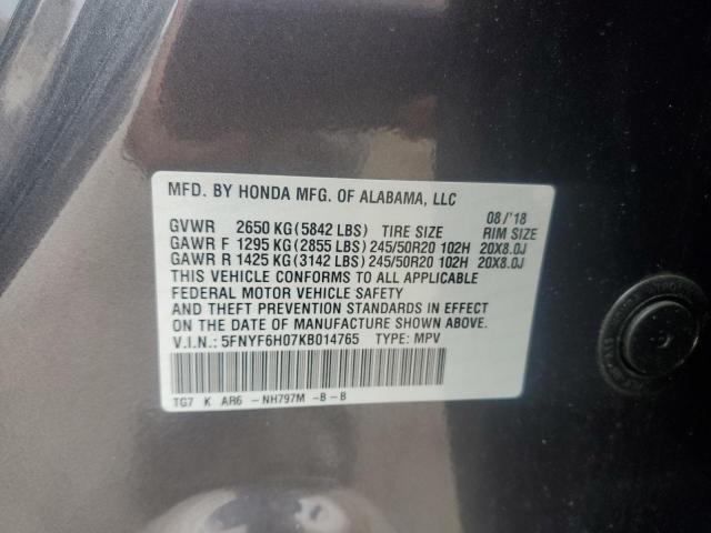 2019 HONDA PILOT ELIT 5FNYF6H07KB014765