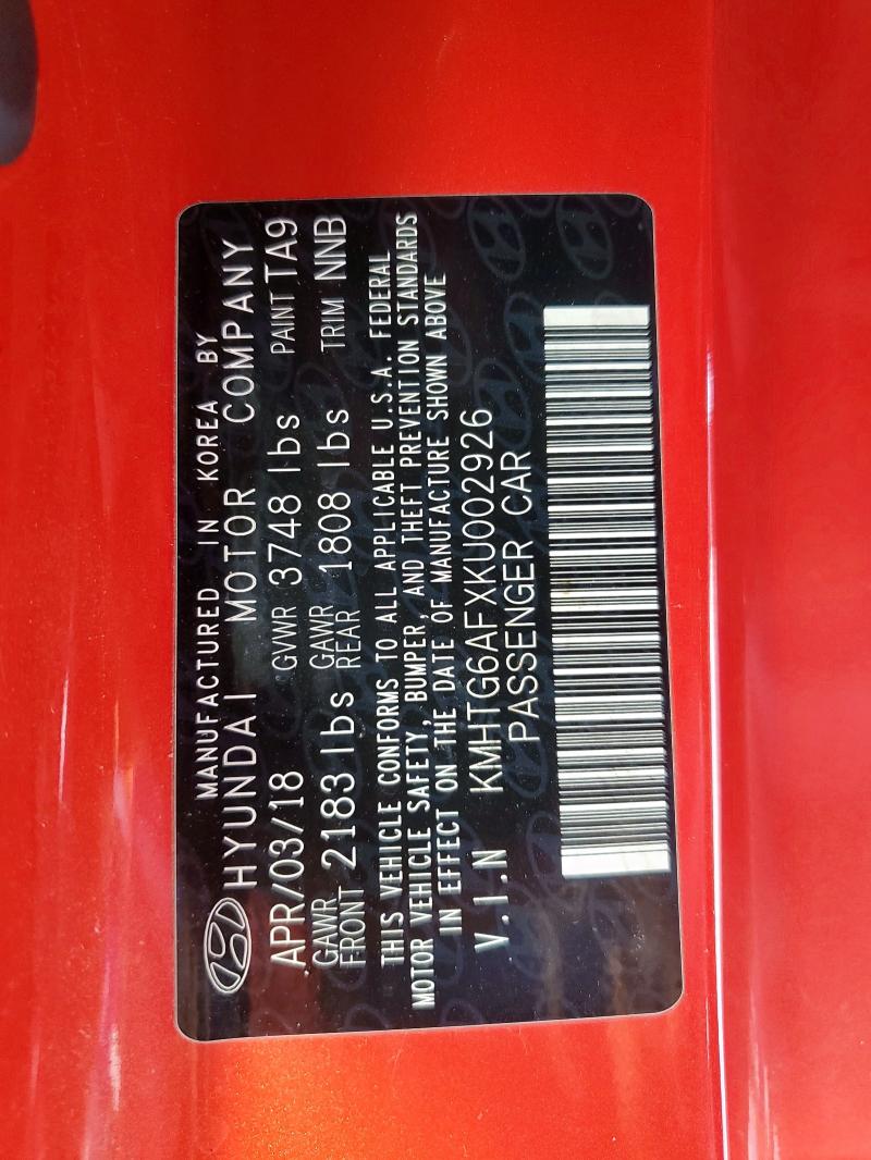 2019 HYUNDAI VELOSTER B KMHTG6AFXKU002926