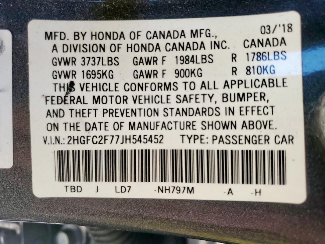 2018 HONDA CIVIC EX 2HGFC2F77JH545452