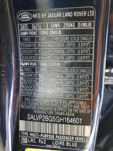 2016 LAND ROVER RANGE ROVE SALVP2BG5GH164601