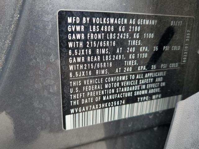2017 VOLKSWAGEN TIGUAN S - WVGAV7AX3HK025674