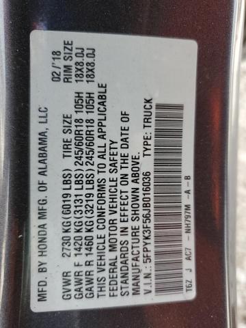 2018 HONDA RIDGELINE 5FPYK3F56JB016036