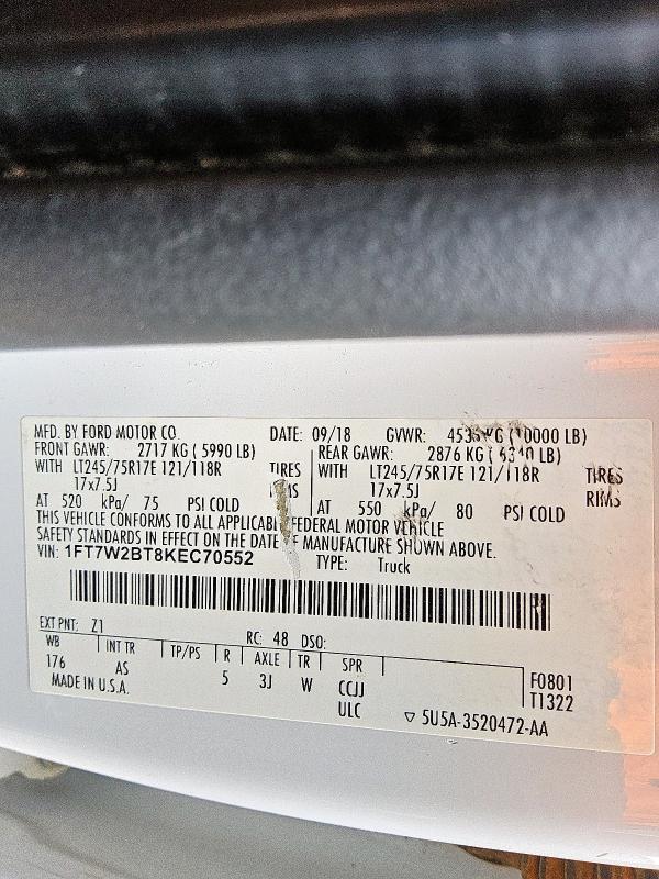 2019 FORD F250 SUPER - 1FT7W2BT8KEC70552