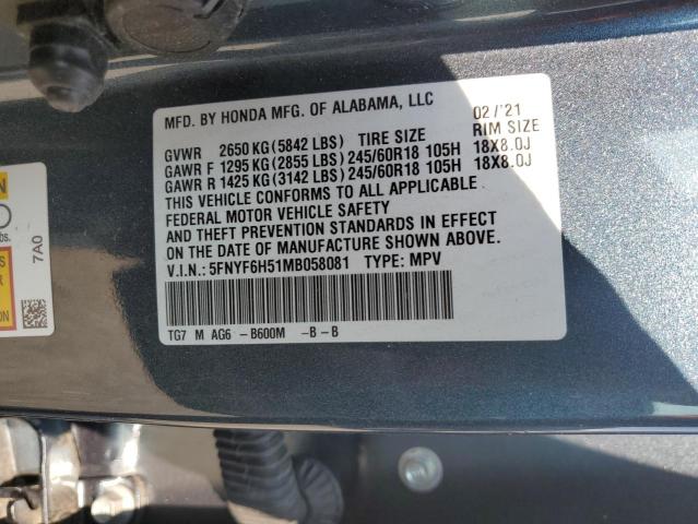 2021 HONDA PILOT EXL - 5FNYF6H51MB058081