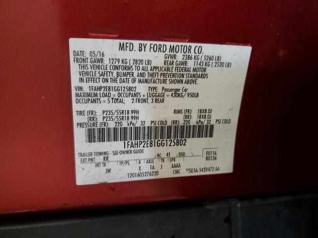 2016 FORD TAURUS SEL 1FAHP2E81GG125802