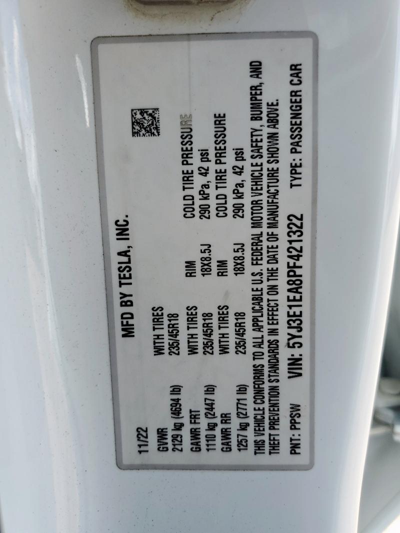 2023 TESLA MODEL 3 5YJ3E1EA8PF421322