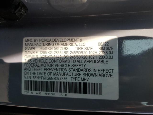2022 HONDA PILOT SE 5FNYF6H26NB077376