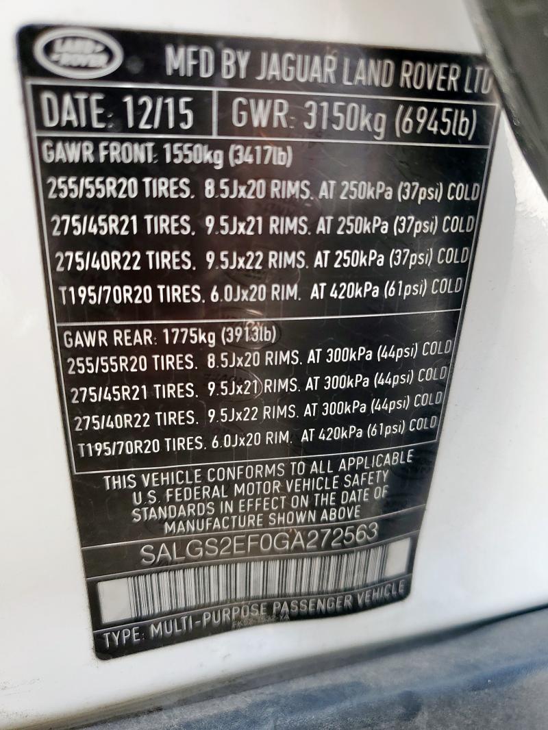 2016 LAND ROVER RANGE ROVE SALGS2EF0GA272563