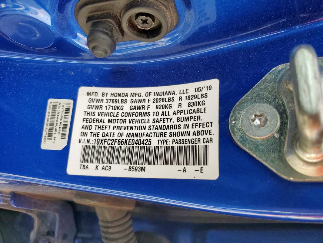 2019 HONDA CIVIC LX 19XFC2F66KE040425