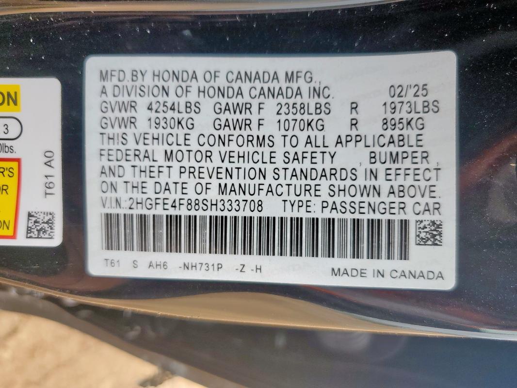 2025 HONDA CIVIC SPORT 2HGFE4F88SH333708