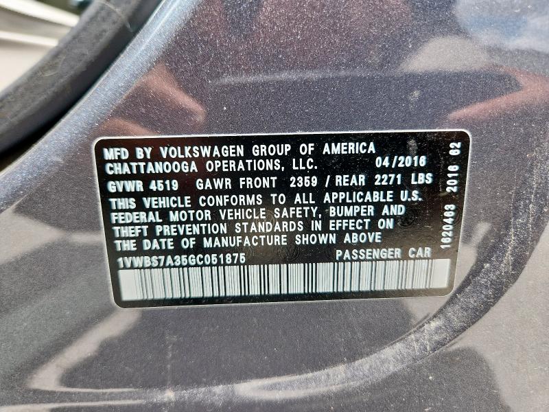 2016 VOLKSWAGEN PASSAT SE 1VWBS7A35GC051875